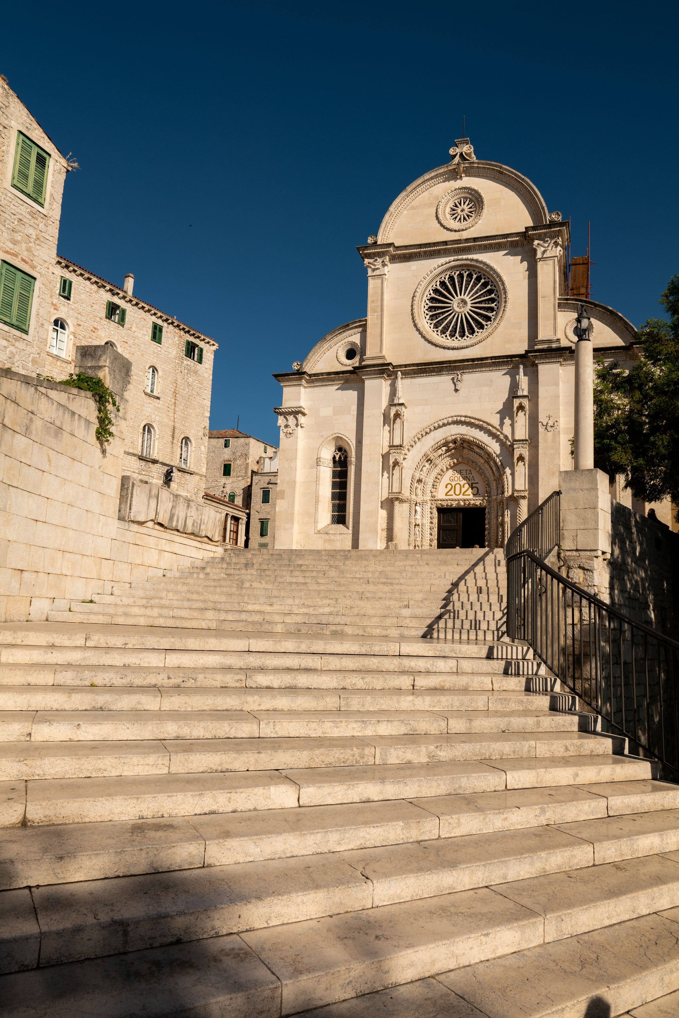 The façade of the Cathedral of St James in Šibenik in sunlight